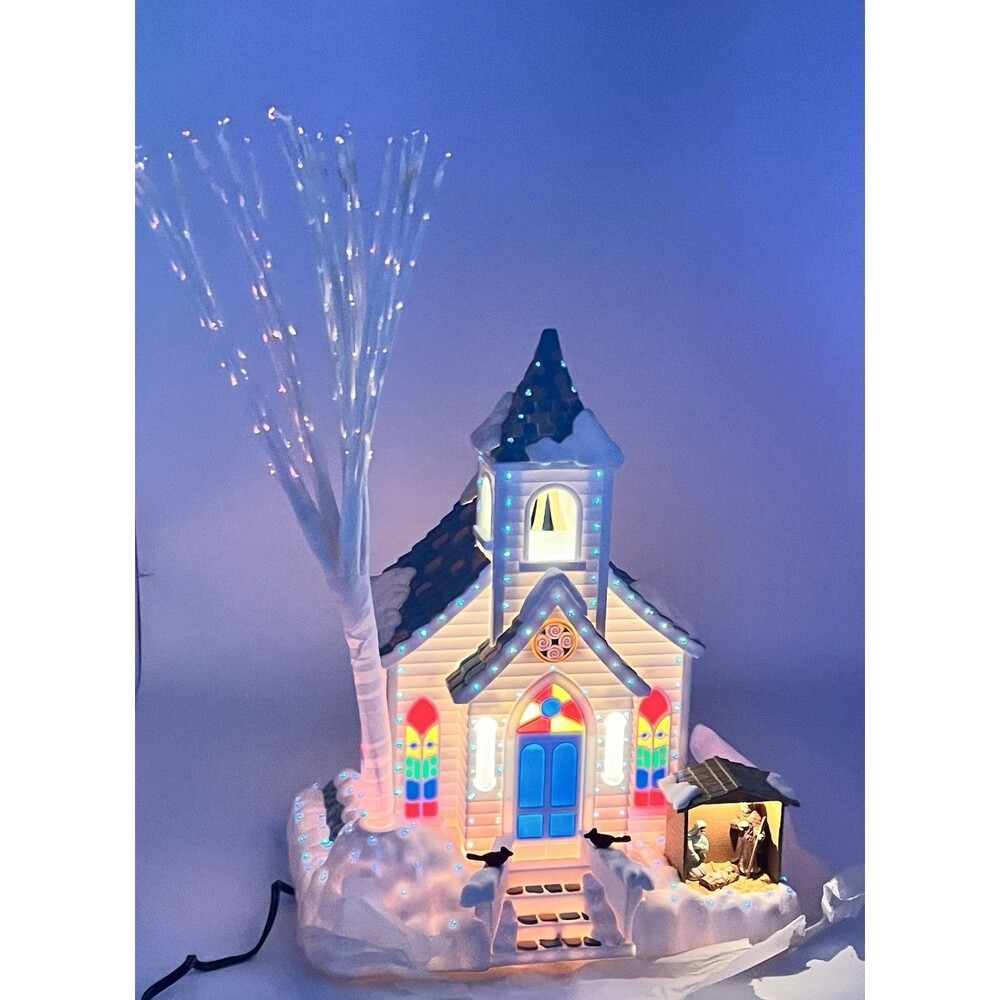 New Vintage Avon Village Holiday Splendor Fiber Optic Church with Nativity Scene